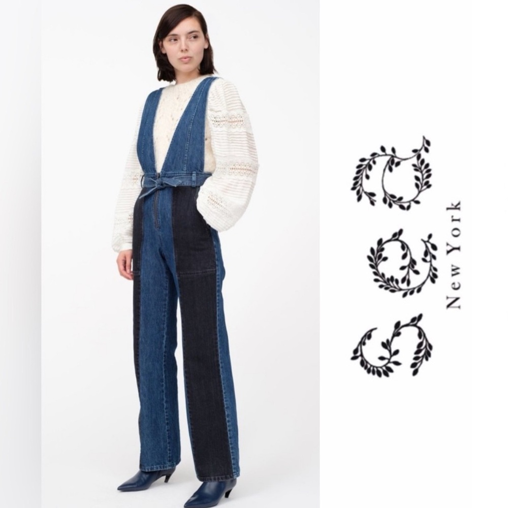 Sea New York Wide Leg Two-Tone Sleeveless Denim Jumpsuit 4 Overalls Blue/Black